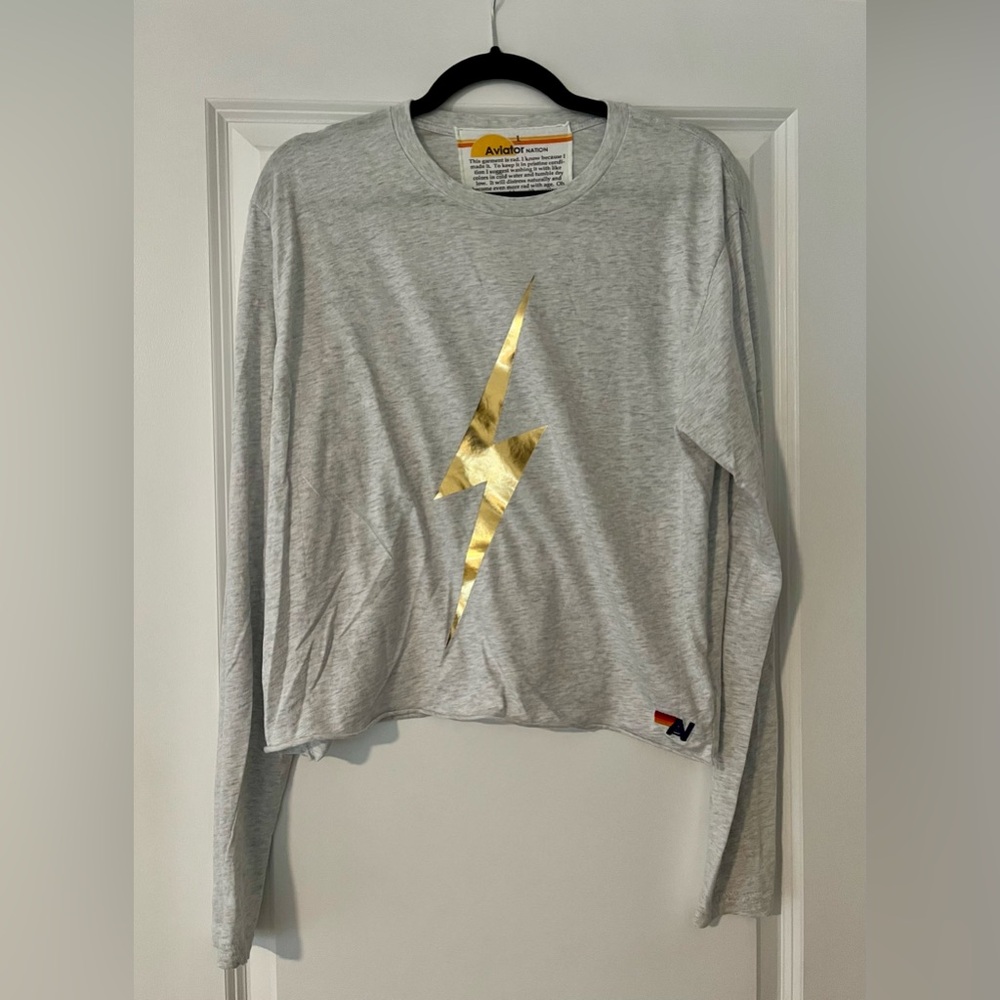 Aviator Nation Gold and grey lightening bolt long sleeve shirt size Large